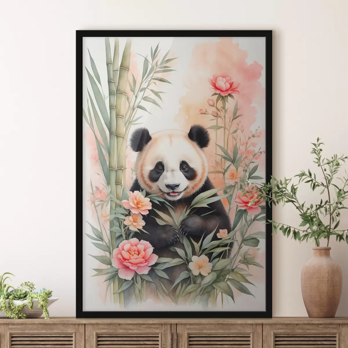 Poster Panda con flores y bambú f40125