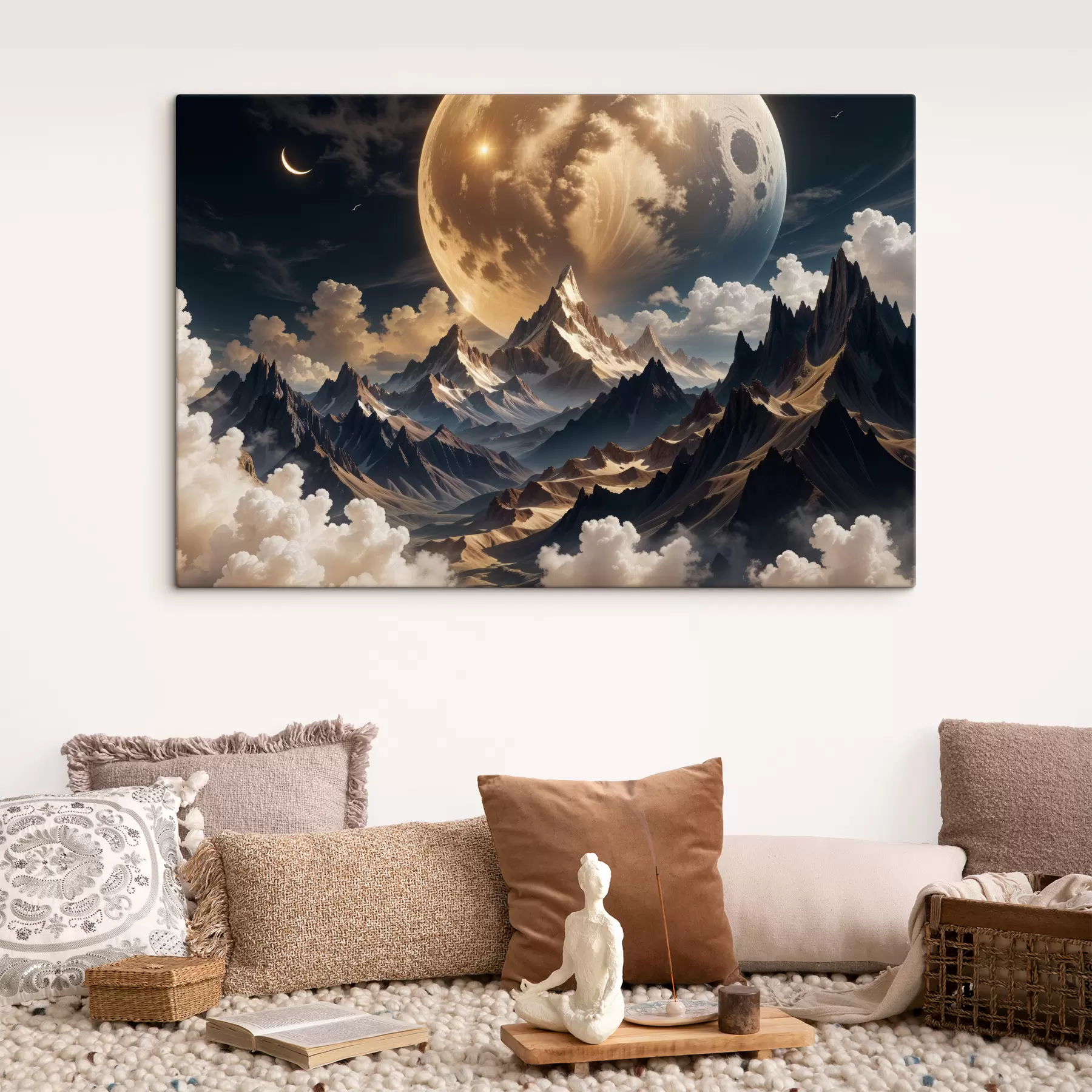 murales de pared Un paisaje surrealista con montañas cubiertas de nieve bajo una enorme luna llena, con nubes tenues.  s40147