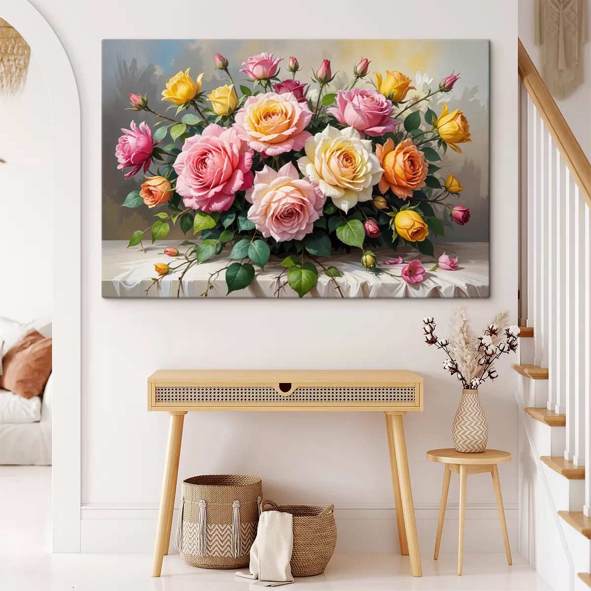 murales de pared Un ramo de rosas coloridas en varios tonos de rosa, amarillo y naranja, arregladas con hojas verdes. s40149