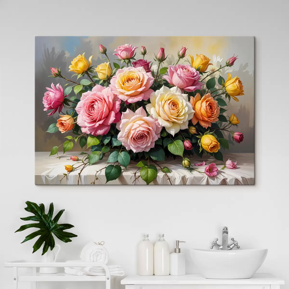 murales de pared Un ramo de rosas coloridas en varios tonos de rosa, amarillo y naranja, arregladas con hojas verdes. s40149