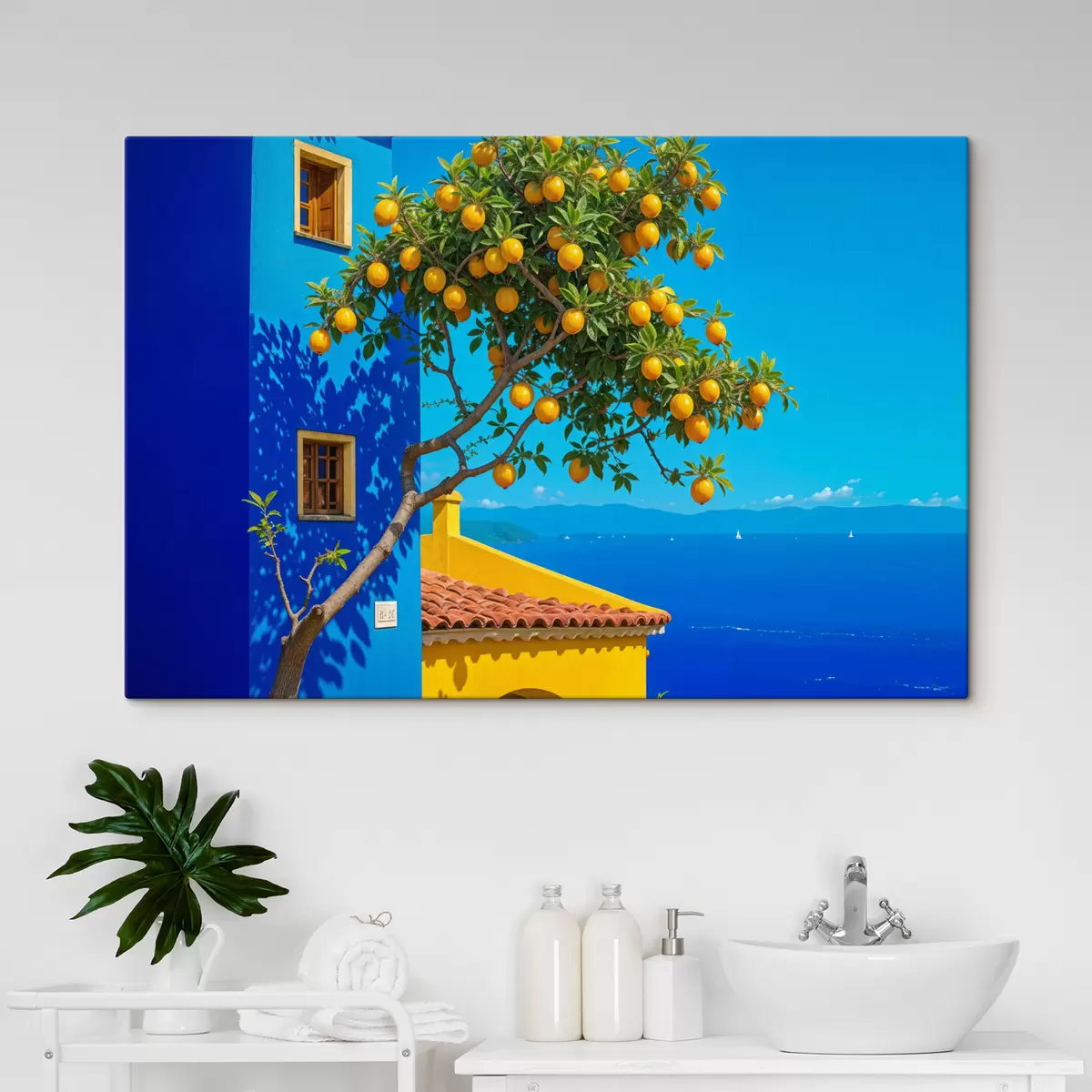 murales de pared Un naranjo con frutos maduros que crece en un edificio con una pared azul y un techo de tejas con vista al océano. s40159