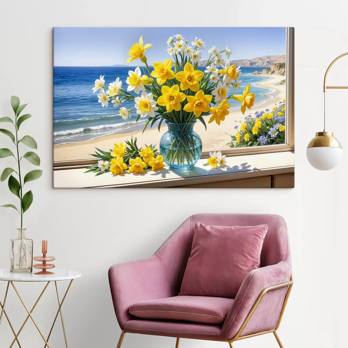 murales de pared Un ramo de narcisos amarillos y margaritas blancas en un jarrón de vidrio en el alféizar de una ventana con vista a la playa y al océano. s40171