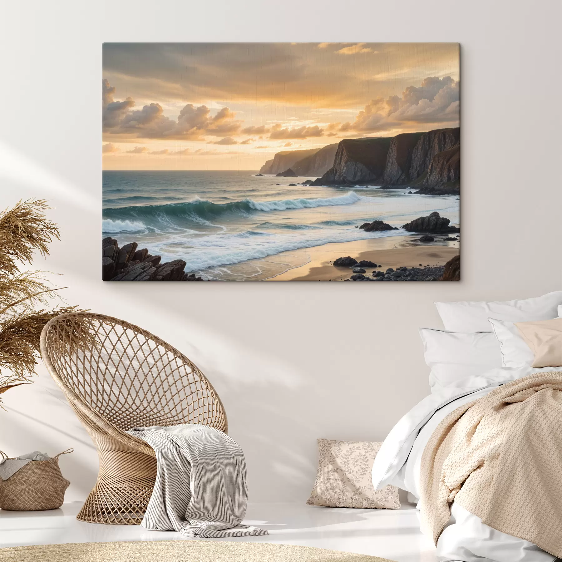 murales de pared Un pintoresco paisaje costero con espectaculares acantilados, olas rompientes y un cielo colorido al atardecer. s40176