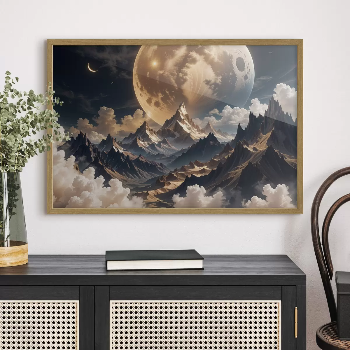 Poster Un paisaje surrealista con montañas cubiertas de nieve bajo una enorme luna llena, con nubes tenues f40147