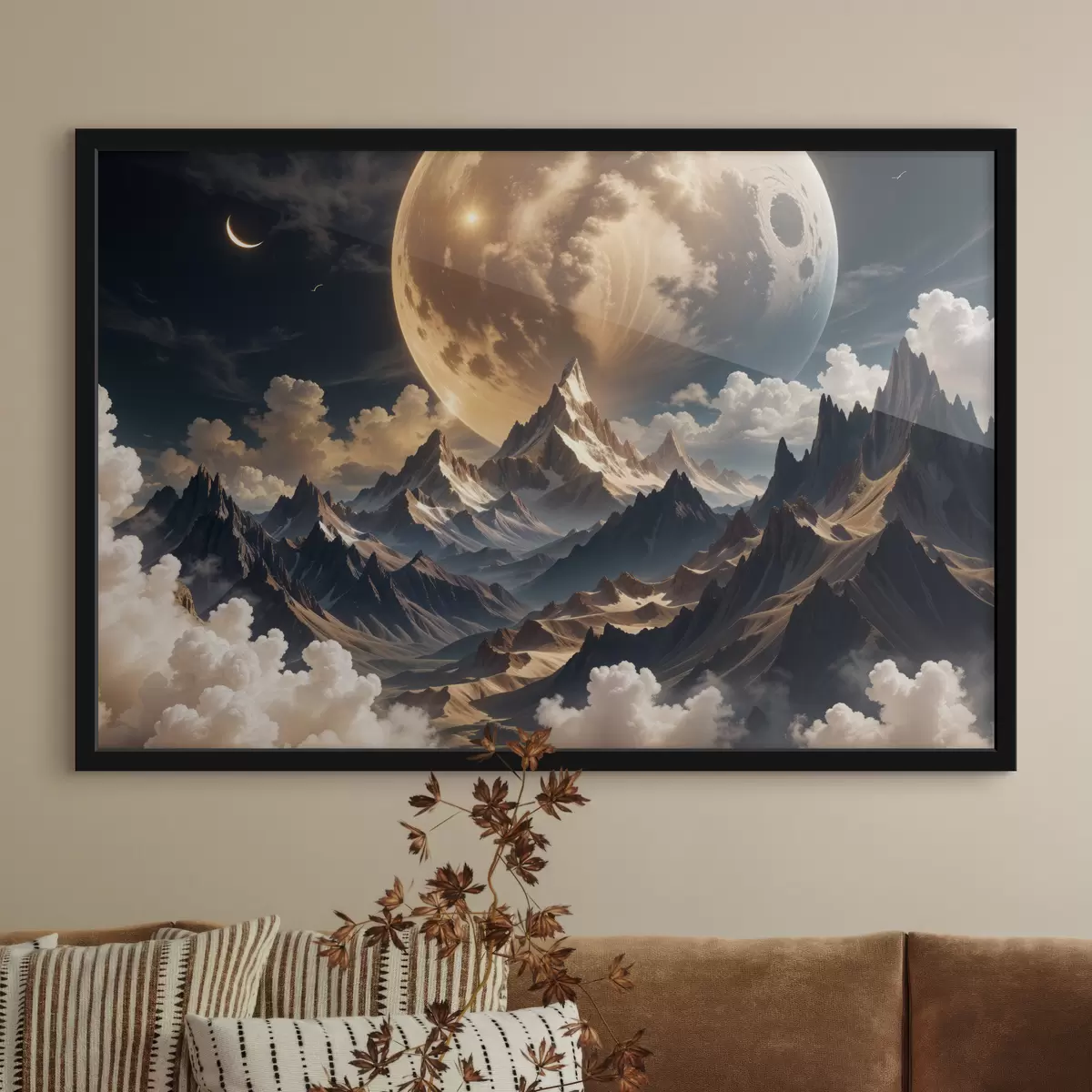 Poster Un paisaje surrealista con montañas cubiertas de nieve bajo una enorme luna llena, con nubes tenues. f40147