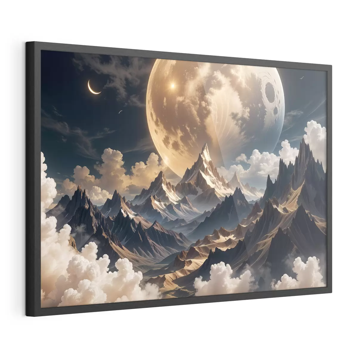 Poster Un paisaje surrealista con montañas cubiertas de nieve bajo una enorme luna llena, con nubes tenues f40147
