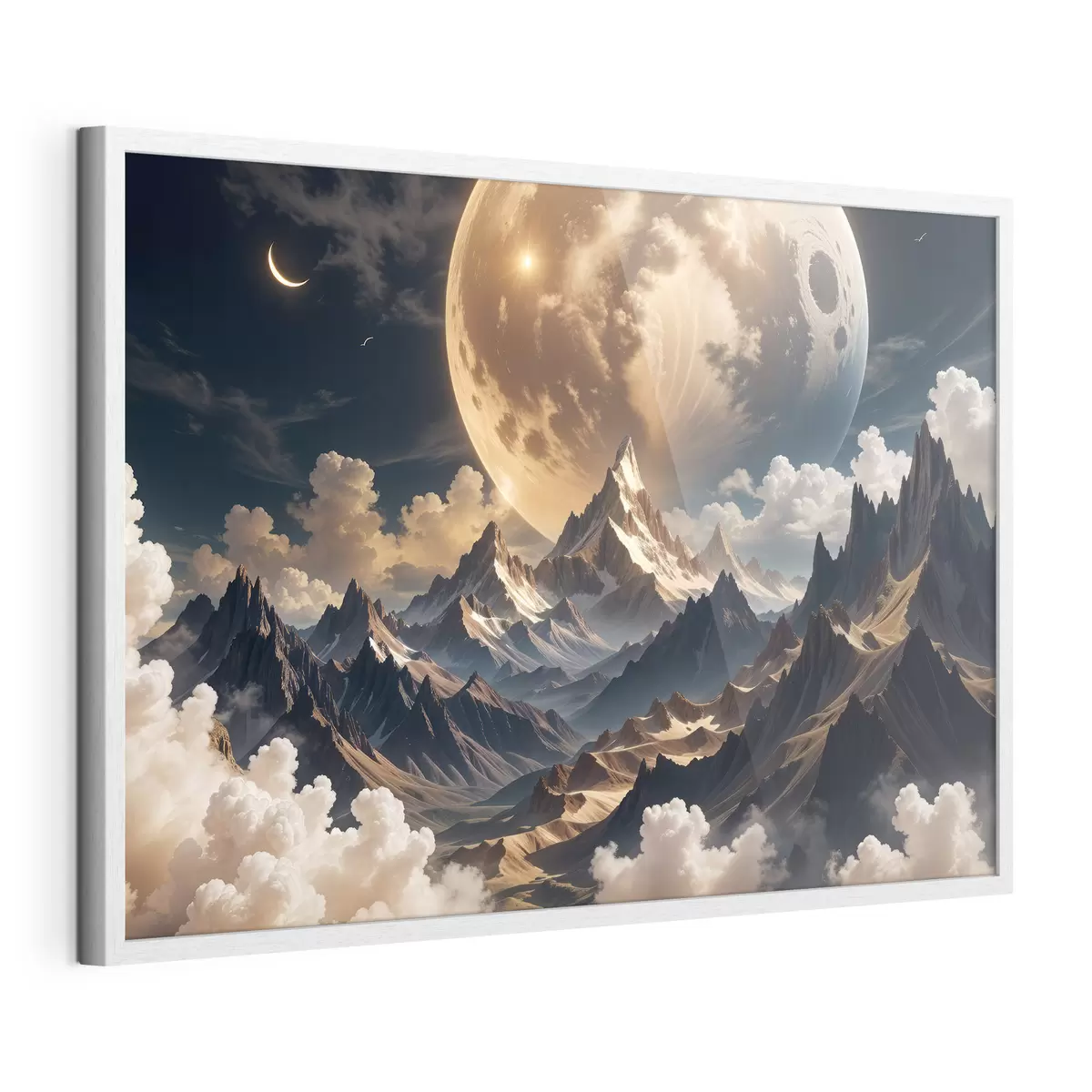 Poster Un paisaje surrealista con montañas cubiertas de nieve bajo una enorme luna llena, con nubes tenues f40147