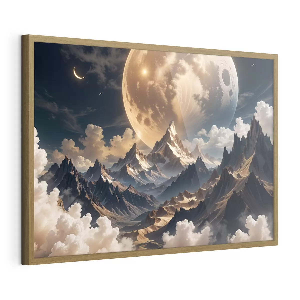 Poster Un paisaje surrealista con montañas cubiertas de nieve bajo una enorme luna llena, con nubes tenues f40147