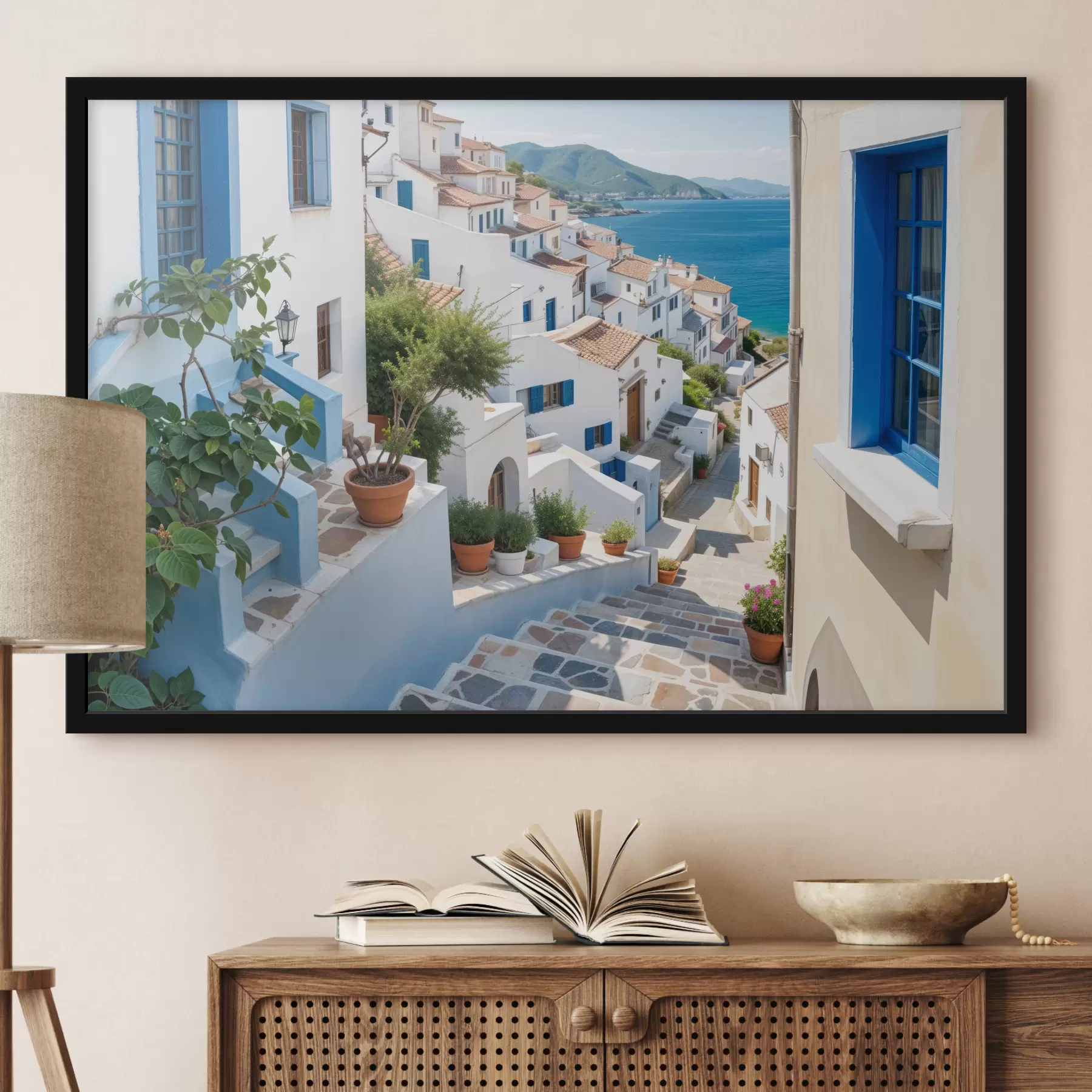 murales de pared Una pintoresca ciudad costera con edificios blancos, ventanas azules y plantas en macetas que bordean las calles estrechas. f40148