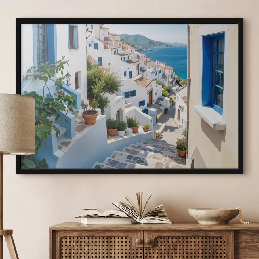 murales de pared Una pintoresca ciudad costera con edificios blancos, ventanas azules y plantas en macetas que bordean las calles estrechas. f40148