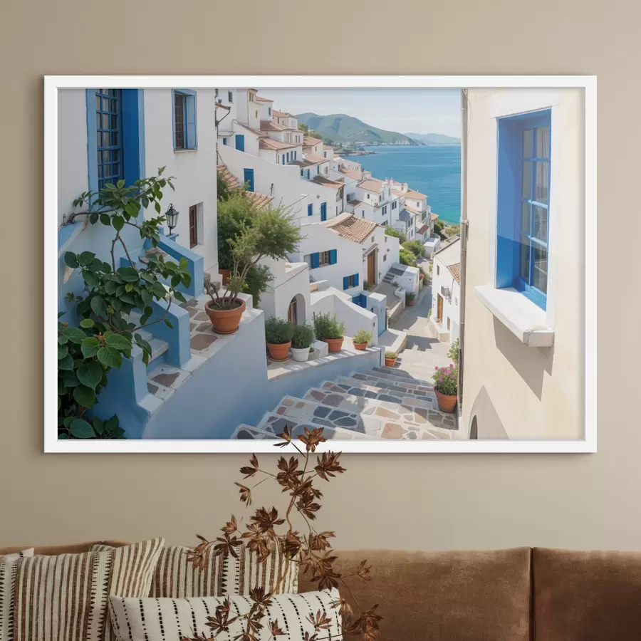 murales de pared Una pintoresca ciudad costera con edificios blancos, ventanas azules y plantas en macetas que bordean las calles estrechas f40148