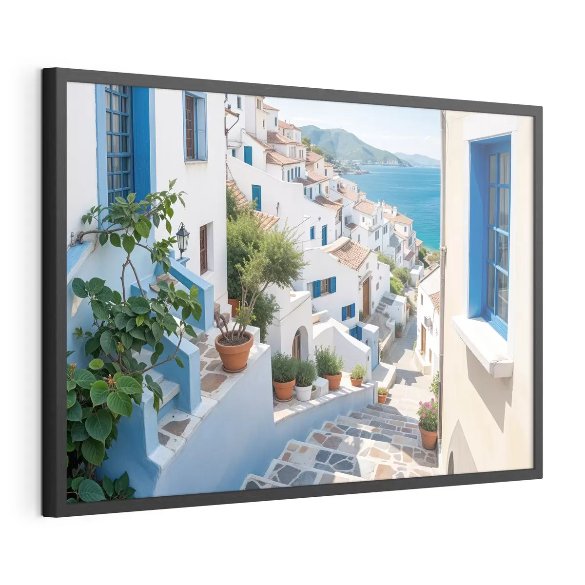 Poster Una pintoresca ciudad costera con edificios blancos, ventanas azules y plantas en macetas que bordean las calles estrechas f40148