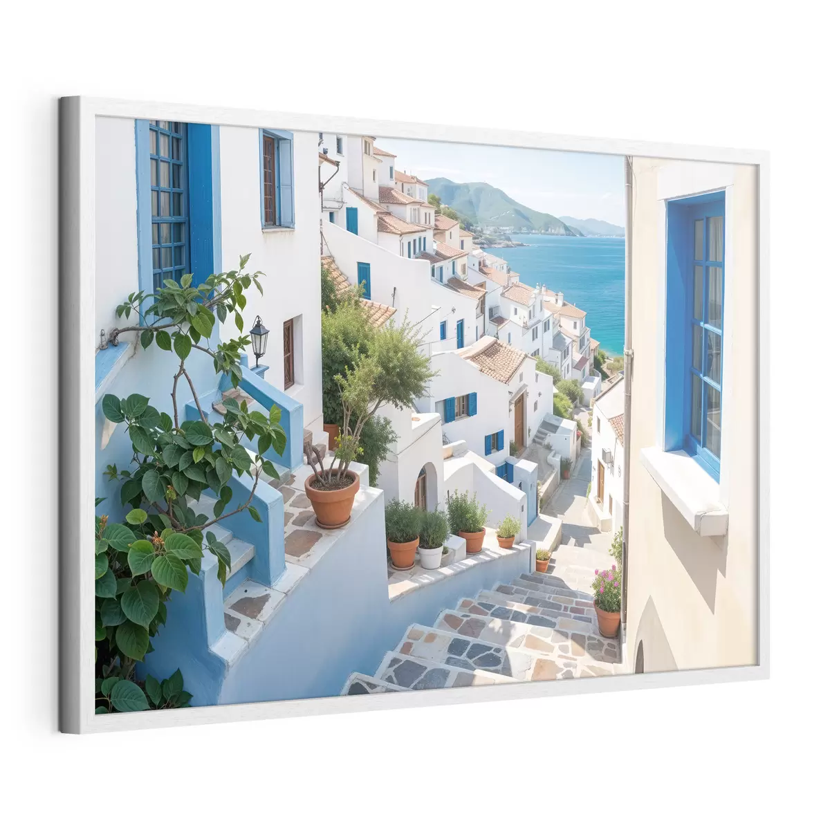 Poster Una pintoresca ciudad costera con edificios blancos, ventanas azules y plantas en macetas que bordean las calles estrechas f40148
