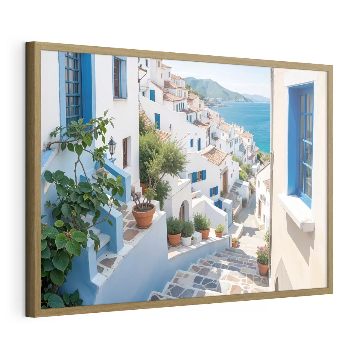 Poster Una pintoresca ciudad costera con edificios blancos, ventanas azules y plantas en macetas que bordean las calles estrechas f40148