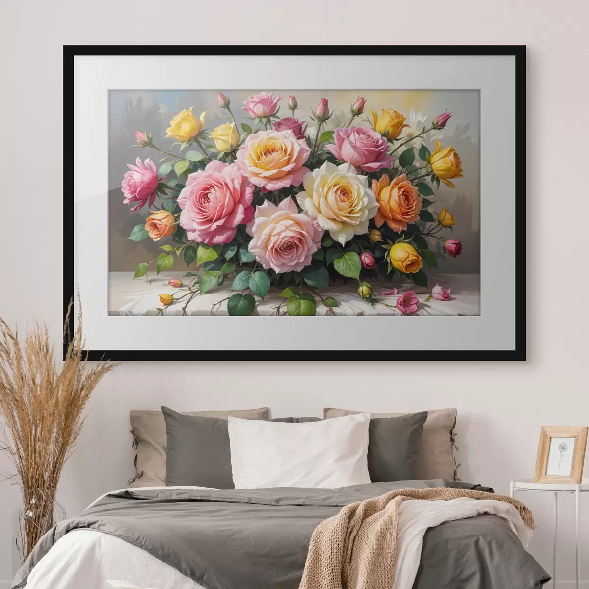 Poster Un ramo de rosas coloridas en varios tonos de rosa, amarillo y naranja, arregladas con hojas verdes f40149