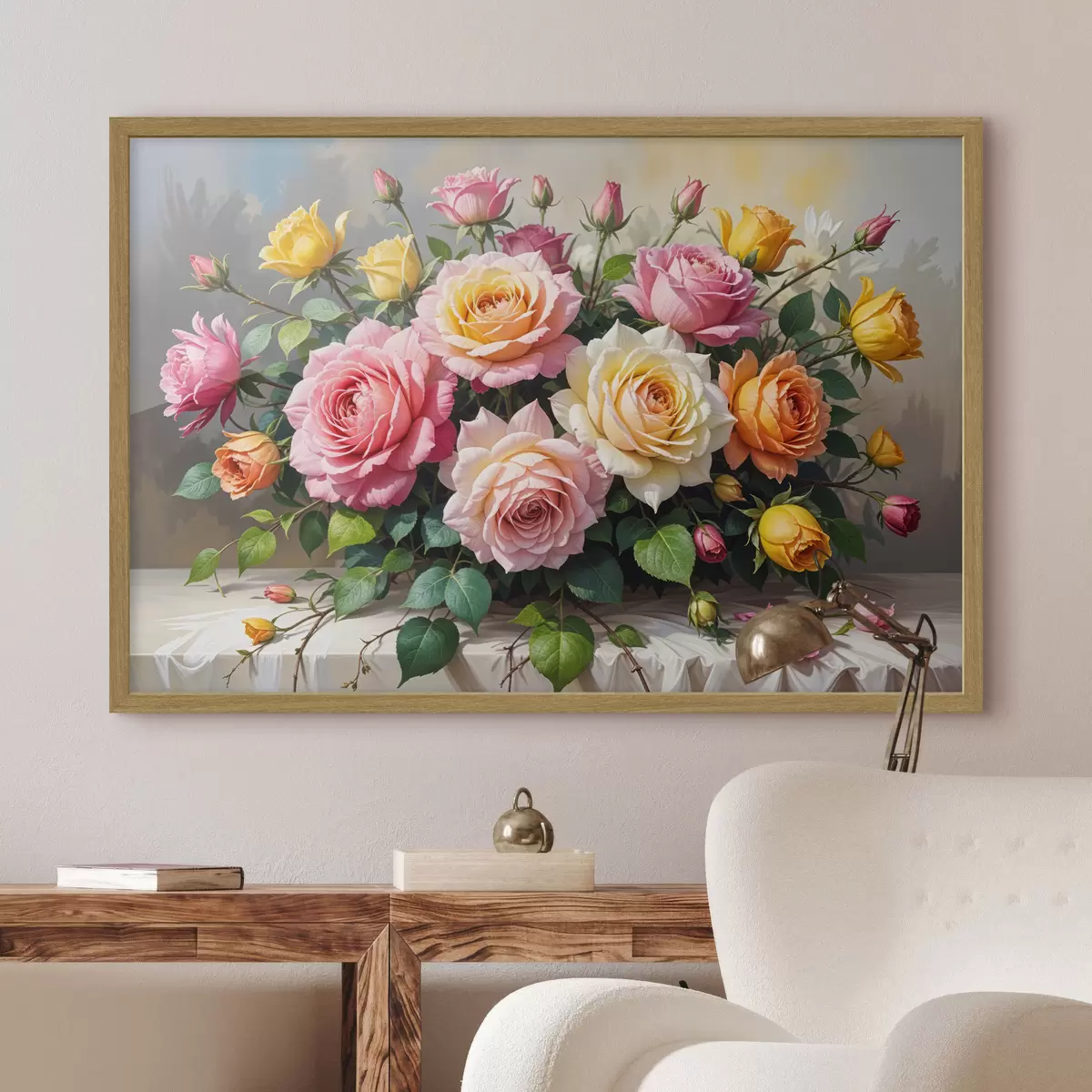 Poster Un ramo de rosas coloridas en varios tonos de rosa, amarillo y naranja, arregladas con hojas verdes f40149