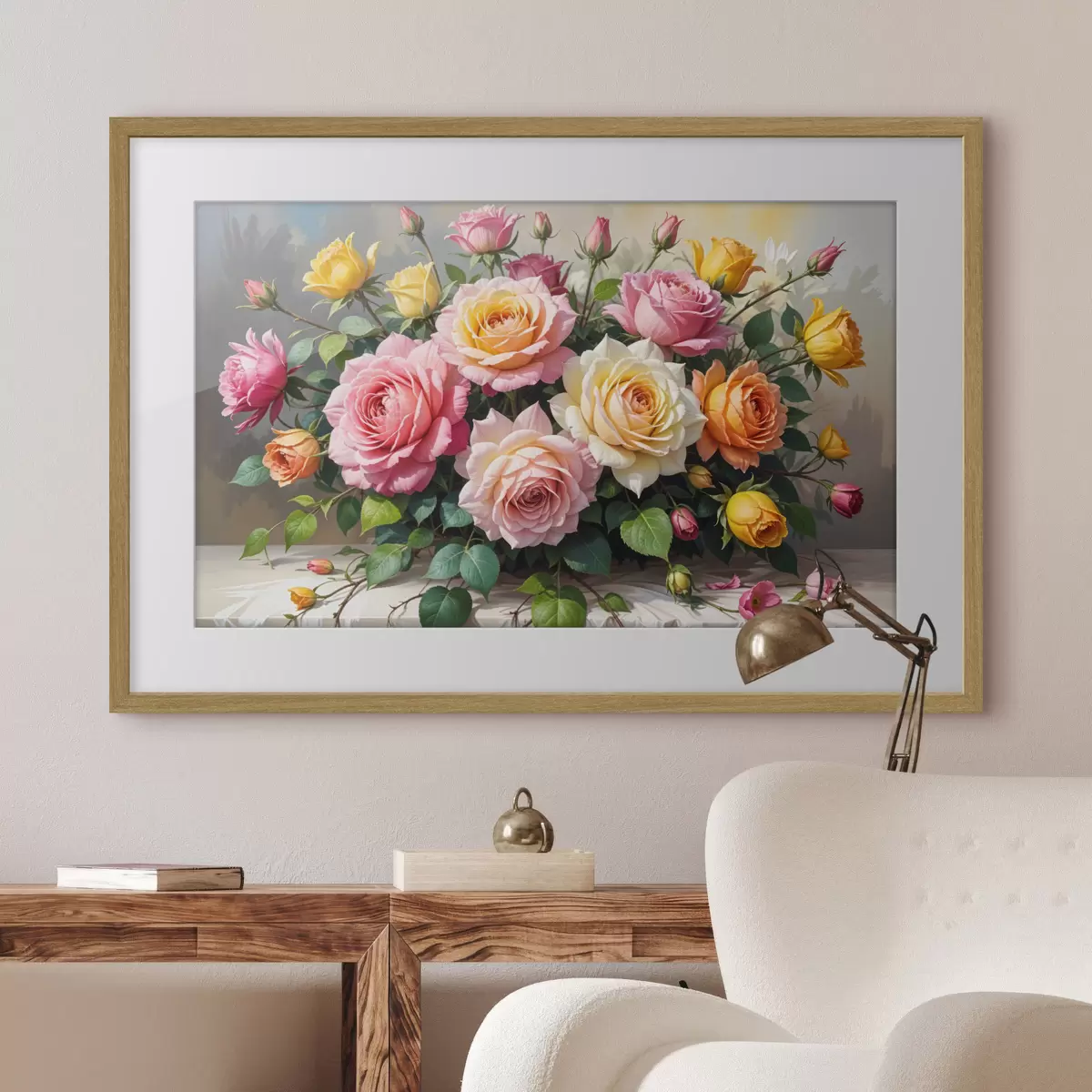 Poster Un ramo de rosas coloridas en varios tonos de rosa, amarillo y naranja, arregladas con hojas verdes f40149