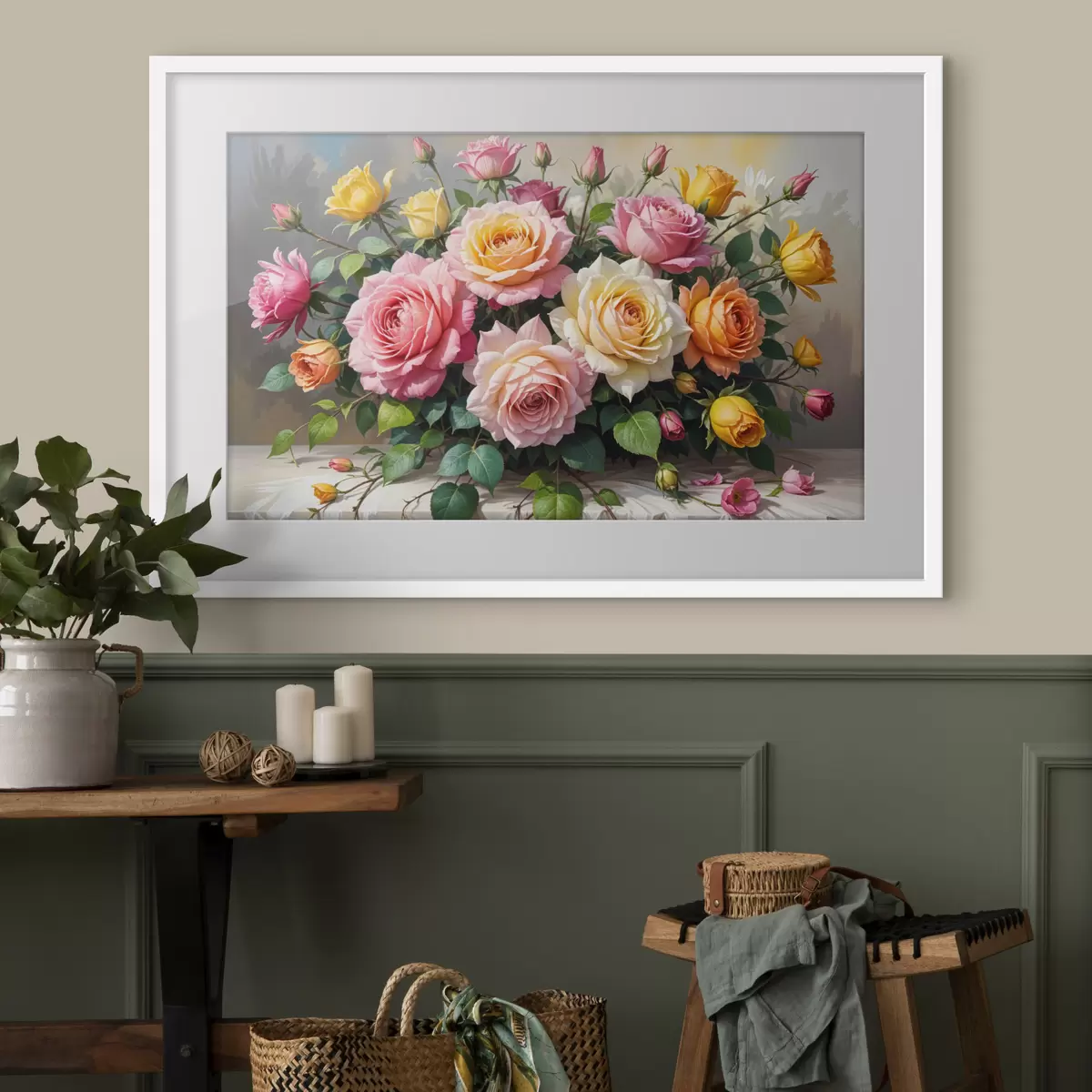 Poster Un ramo de rosas coloridas en varios tonos de rosa, amarillo y naranja, arregladas con hojas verdes f40149