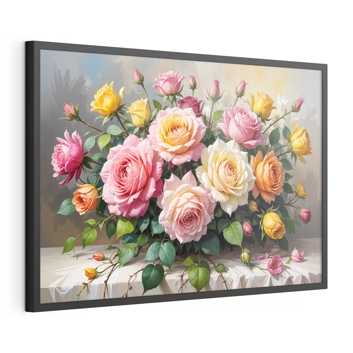 Poster Un ramo de rosas coloridas en varios tonos de rosa, amarillo y naranja, arregladas con hojas verdes f40149