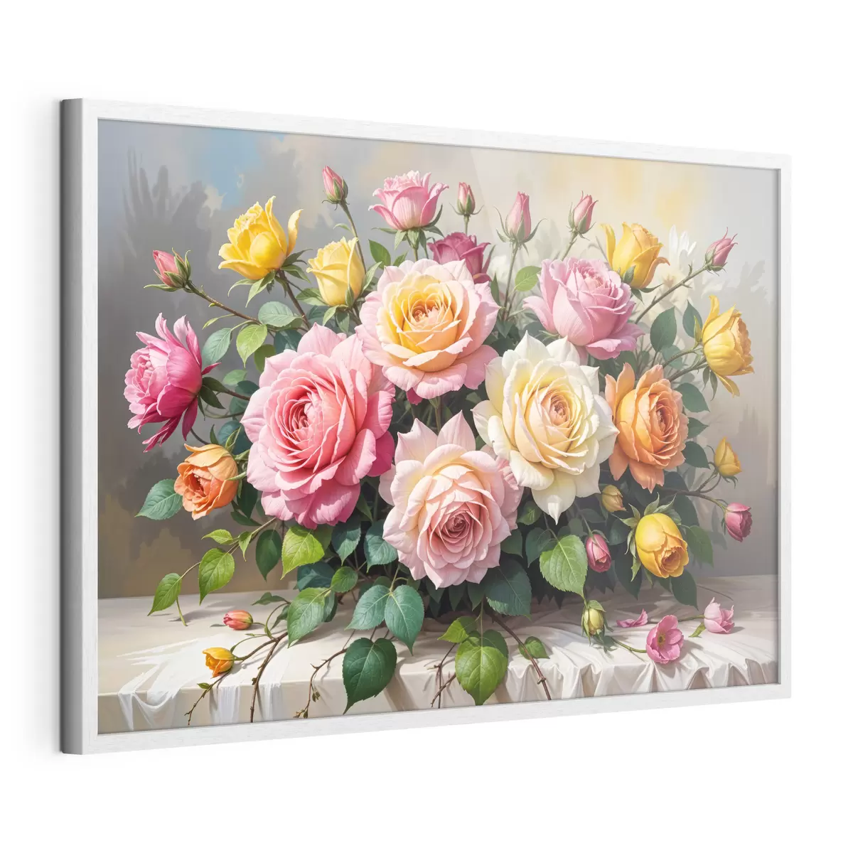 Poster Un ramo de rosas coloridas en varios tonos de rosa, amarillo y naranja, arregladas con hojas verdes f40149