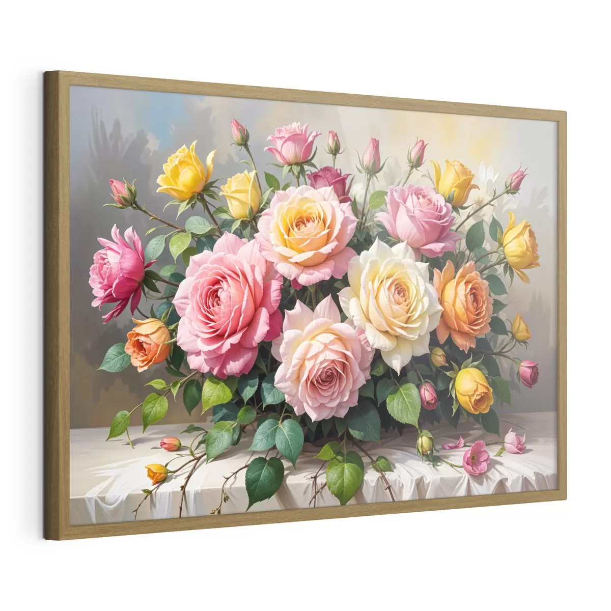 Poster Un ramo de rosas coloridas en varios tonos de rosa, amarillo y naranja, arregladas con hojas verdes f40149