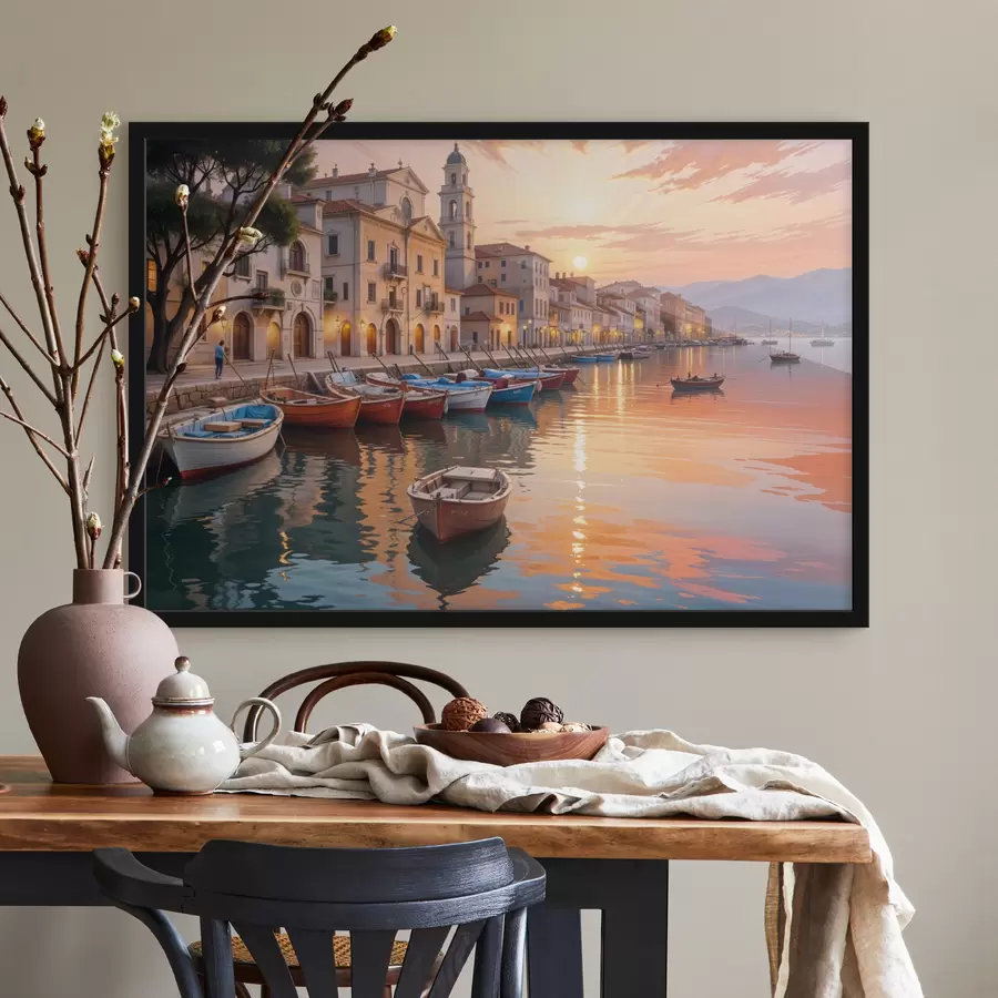 murales de pared Ciudad costera italiana al atardecer, con edificios coloridos a lo largo del paseo marítimo y barcos flotando en las tranquilas aguas. f40150