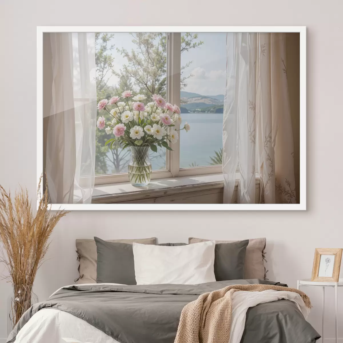 Poster Un ramo de flores rosas y blancas en un jarrón de vidrio colocado en el alféizar de una ventana, con un pintoresco lago y montañas. f40151