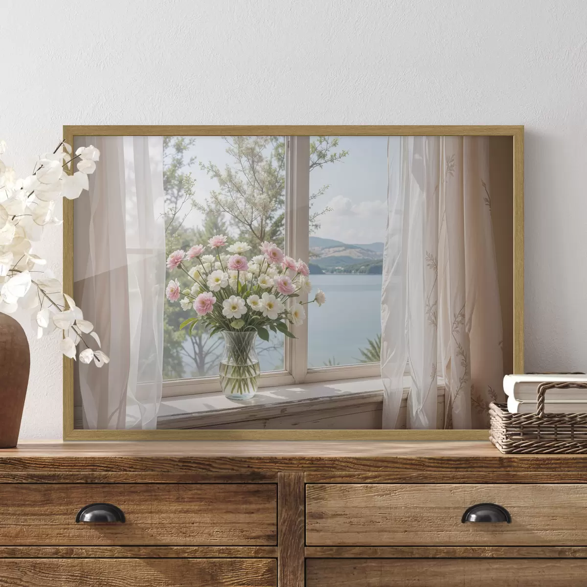 Poster Un ramo de flores rosas y blancas en un jarrón de vidrio colocado en el alféizar de una ventana, con un pintoresco lago y montañas f40151