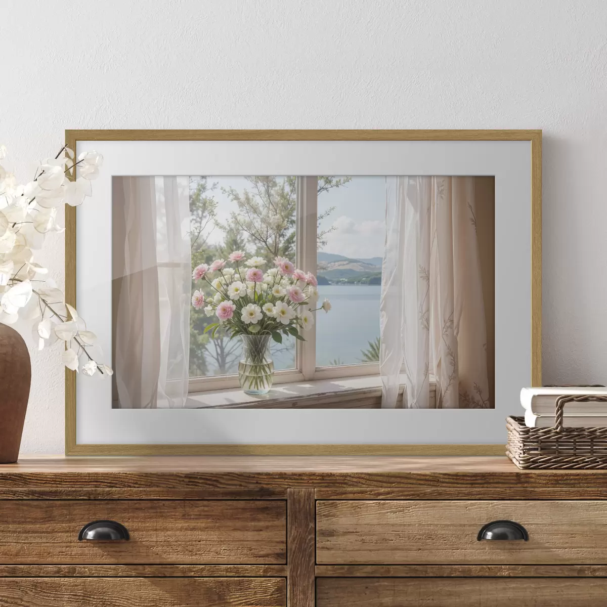 Poster Un ramo de flores rosas y blancas en un jarrón de vidrio colocado en el alféizar de una ventana, con un pintoresco lago y montañas f40151