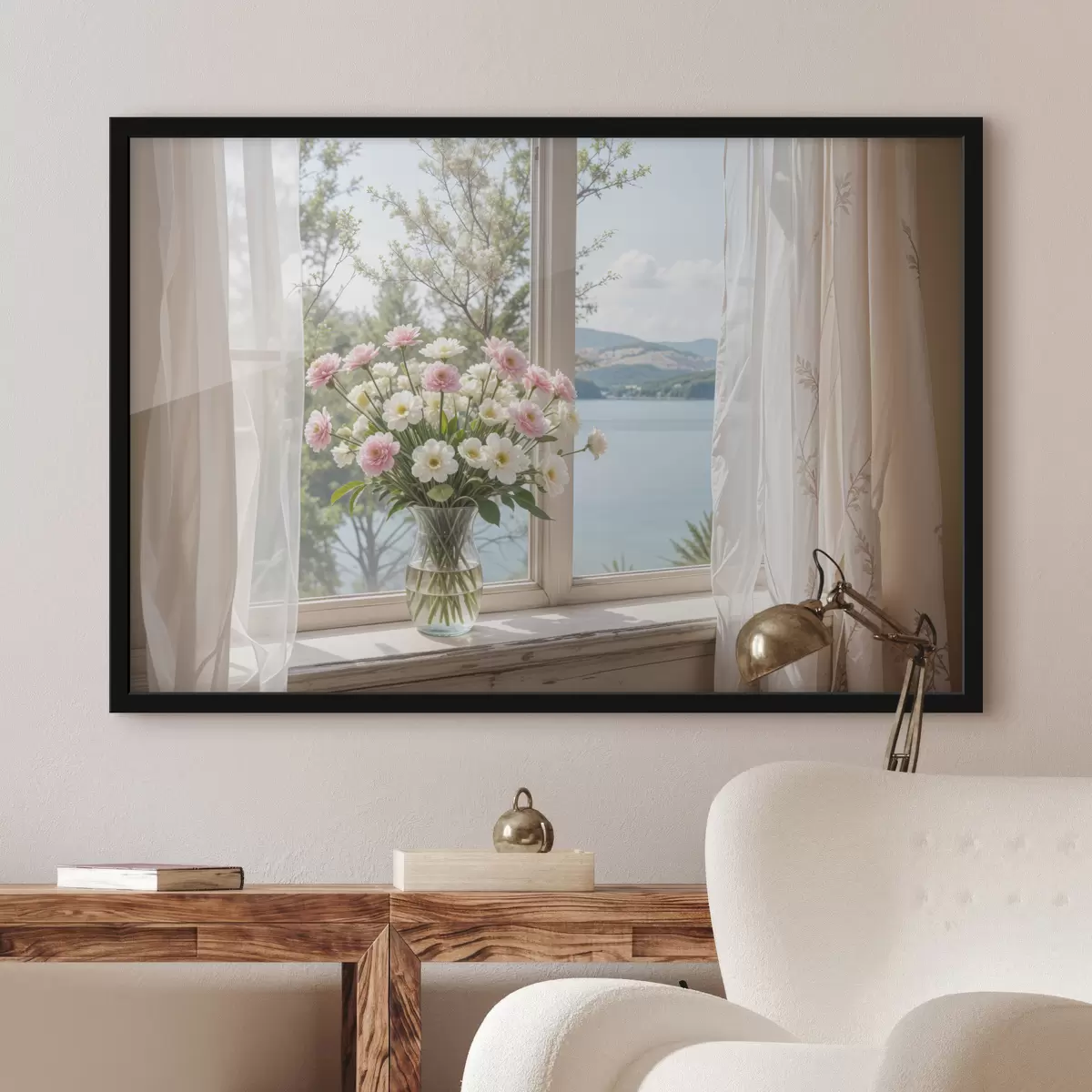 Poster Un ramo de flores rosas y blancas en un jarrón de vidrio colocado en el alféizar de una ventana, con un pintoresco lago y montañas. f40151