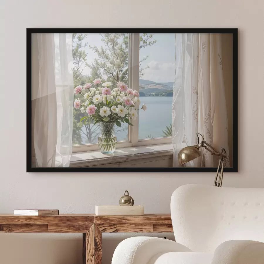 murales de pared Un ramo de flores rosas y blancas en un jarrón de vidrio colocado en el alféizar de una ventana, con un pintoresco lago y montañas. f40151