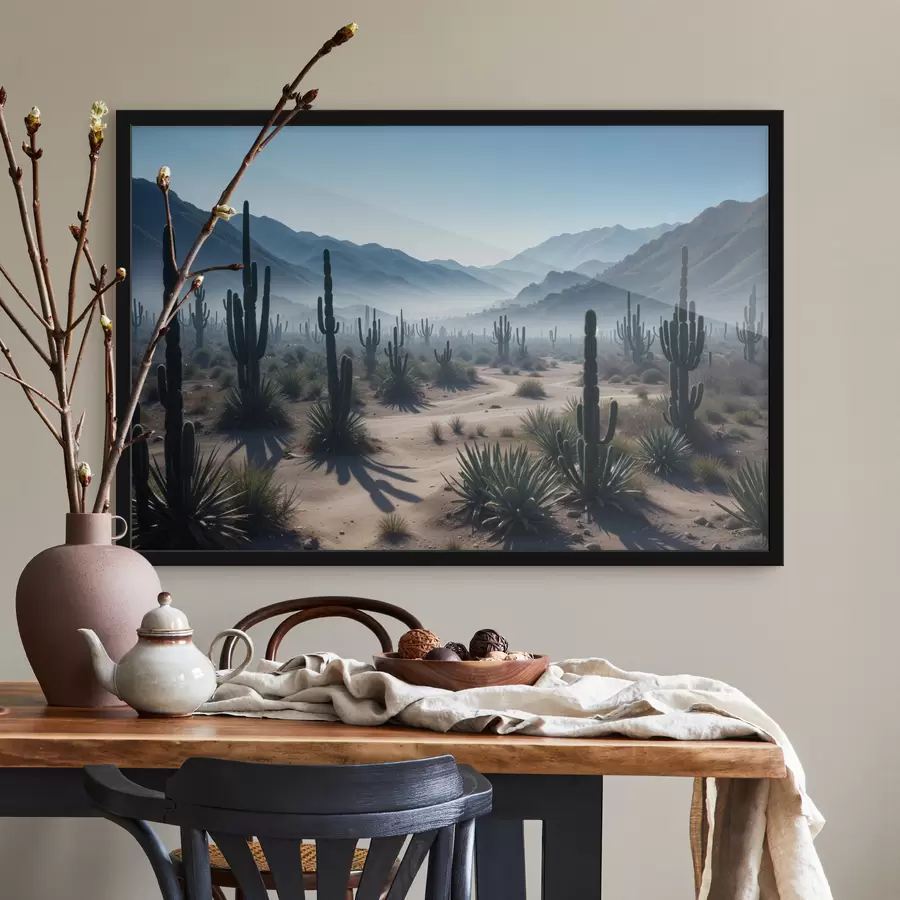 murales de pared Un paisaje desértico con altos cactus y plantas de yuca en primer plano, rodeado de montañas brumosas. f40153