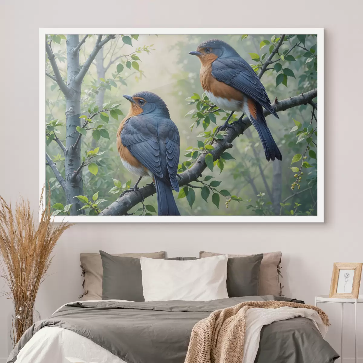 Poster Dos pájaros azules y naranjas posados en la rama de un árbol con hojas verdes en el fondo. f40156