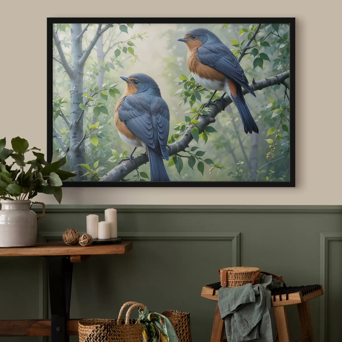 Poster Dos pájaros azules y naranjas posados en la rama de un árbol con hojas verdes en el fondo. f40156