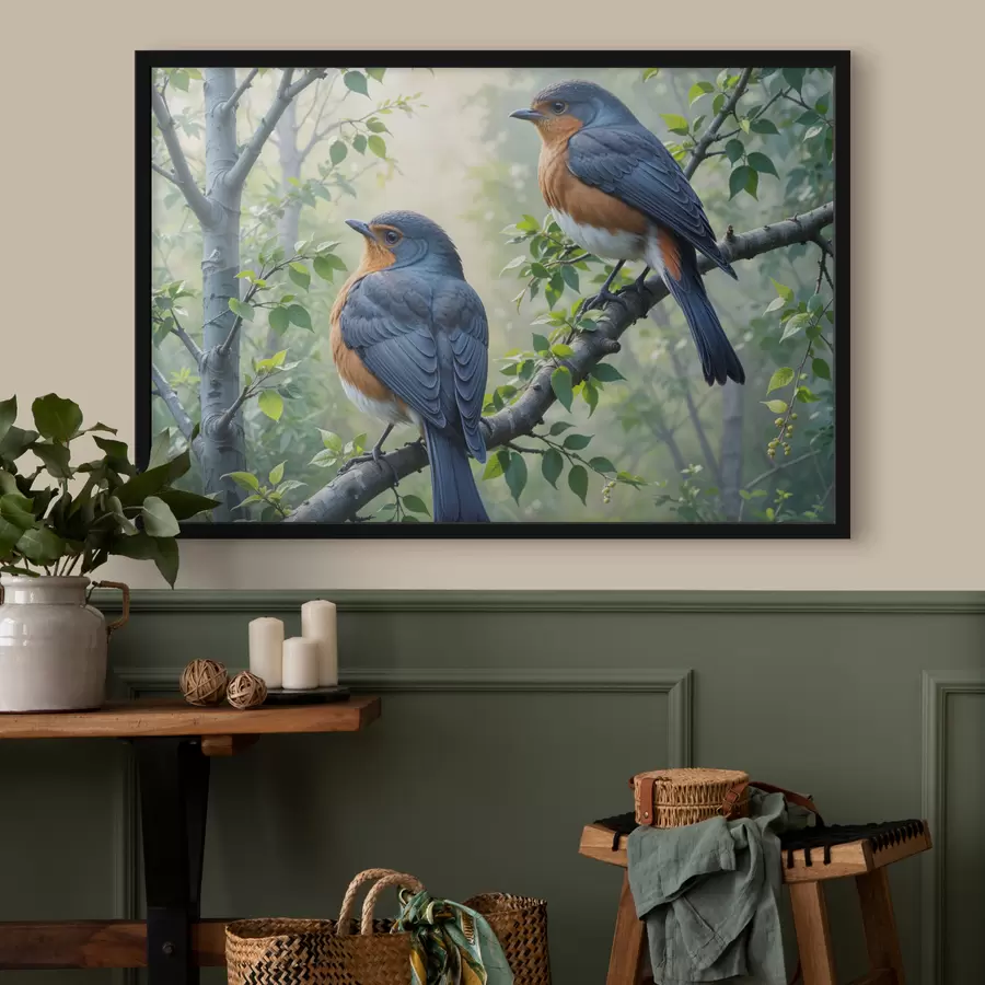 murales de pared Dos pájaros azules y naranjas posados en la rama de un árbol con hojas verdes en el fondo. f40156