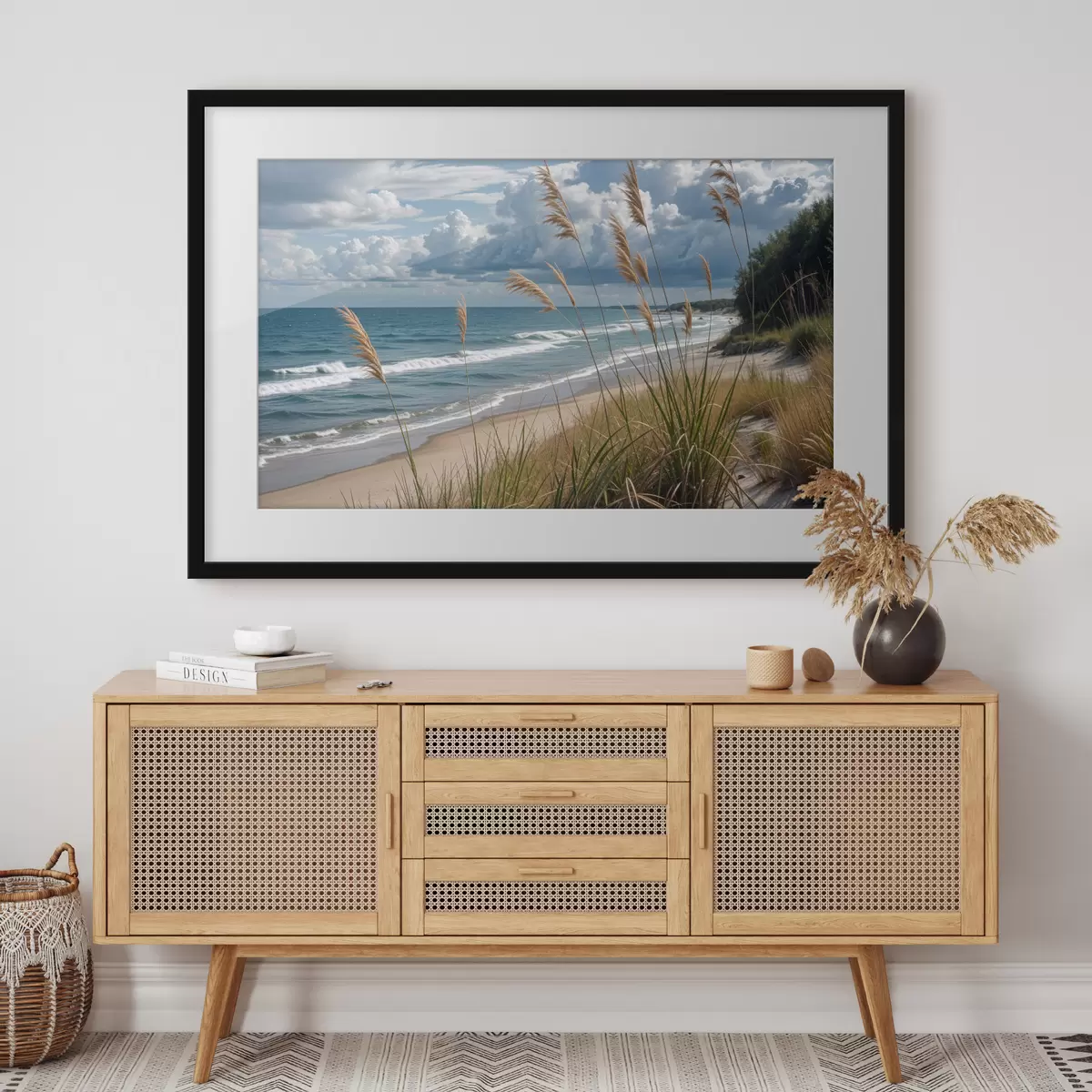 Poster Una playa pintoresca con hierba alta meciéndose con el viento, con vista al océano con olas rompientes y un cielo nublado f40161