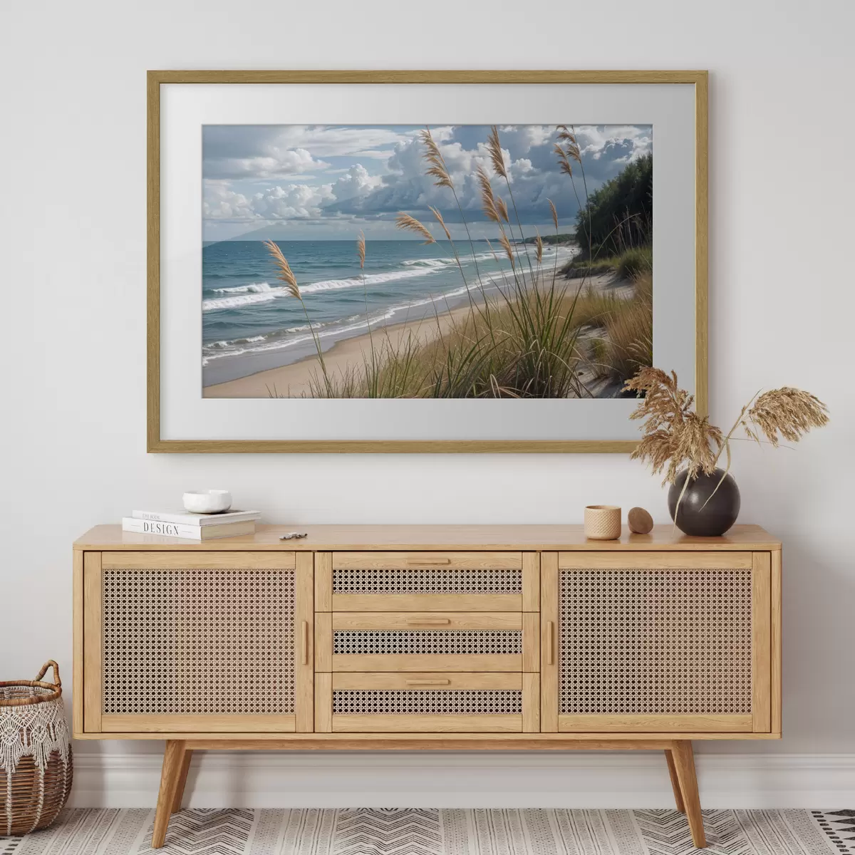 Poster Una playa pintoresca con hierba alta meciéndose con el viento, con vista al océano con olas rompientes y un cielo nublado f40161