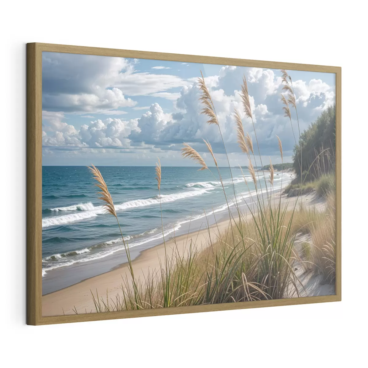 Poster Una playa pintoresca con hierba alta meciéndose con el viento, con vista al océano con olas rompientes y un cielo nublado f40161