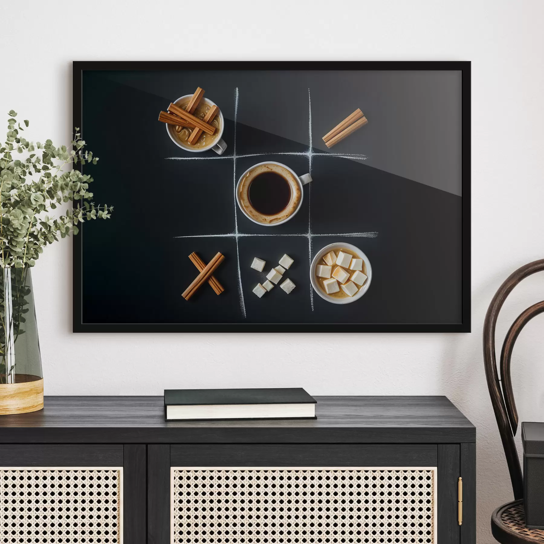 murales de pared Una taza de café con ramas de canela, terrones de azúcar y malvaviscos dispuestos en una cuadrícula de tres en raya f40163