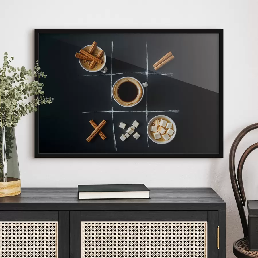 murales de pared Una taza de café con ramas de canela, terrones de azúcar y malvaviscos dispuestos en una cuadrícula de tres en raya. f40163