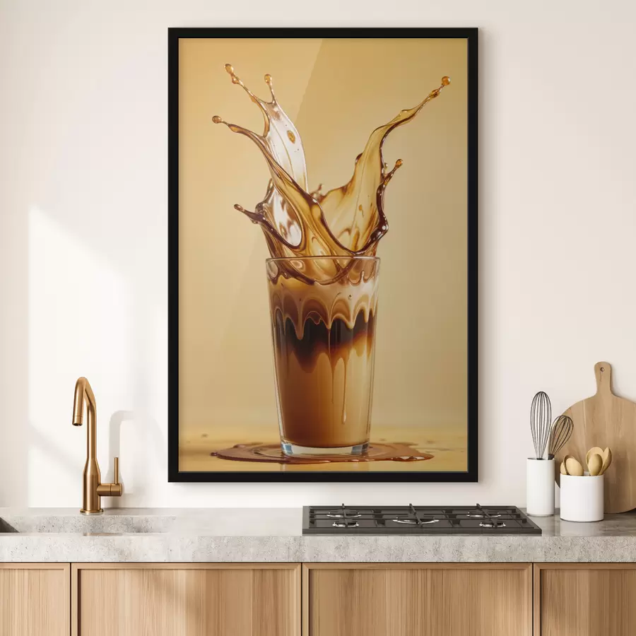 murales de pared Un vaso lleno de café con un efecto de salpicadura dramático que crea una imagen abstracta y dinámica. f40165