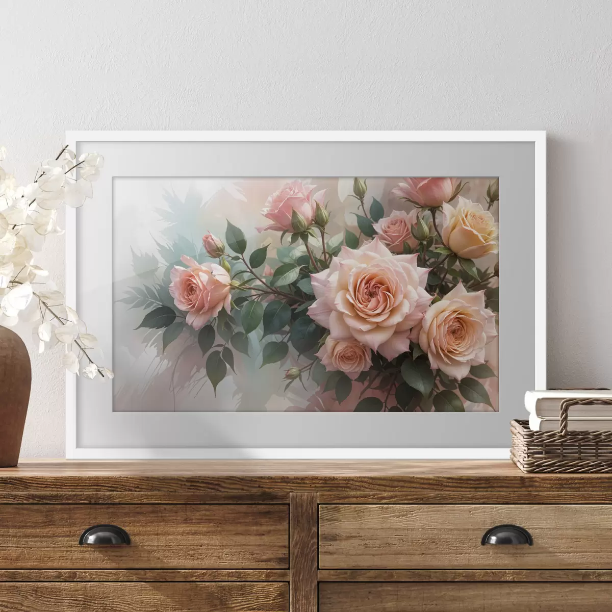 Poster Un ramo de hermosas rosas rosadas con hojas verdes sobre un fondo suave y borroso f40168