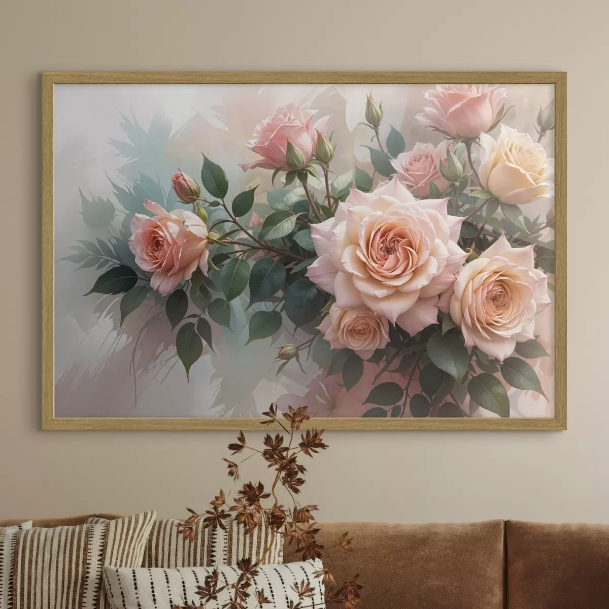 Poster Un ramo de hermosas rosas rosadas con hojas verdes sobre un fondo suave y borroso f40168