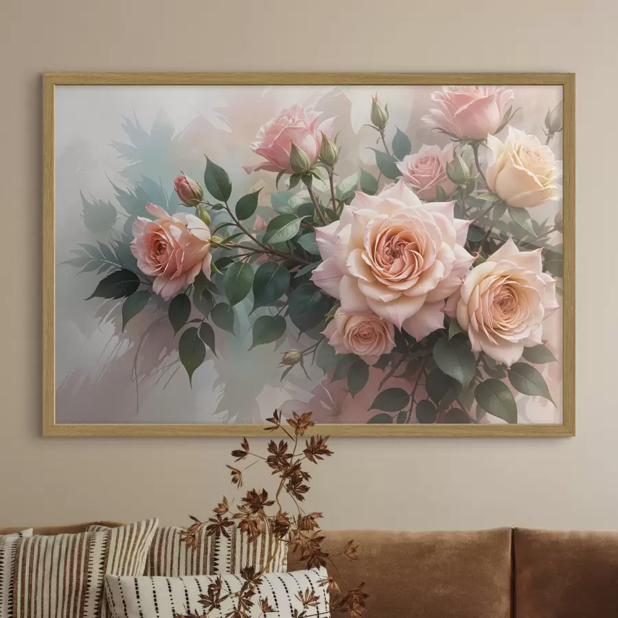 murales de pared Un ramo de hermosas rosas rosadas con hojas verdes sobre un fondo suave y borroso f40168