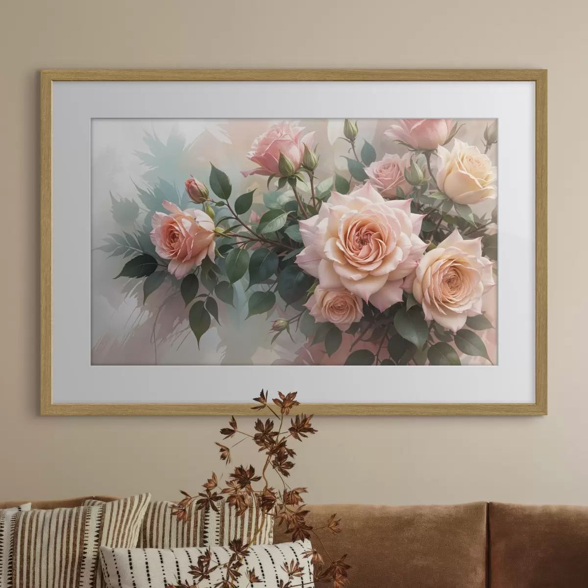 Poster Un ramo de hermosas rosas rosadas con hojas verdes sobre un fondo suave y borroso f40168