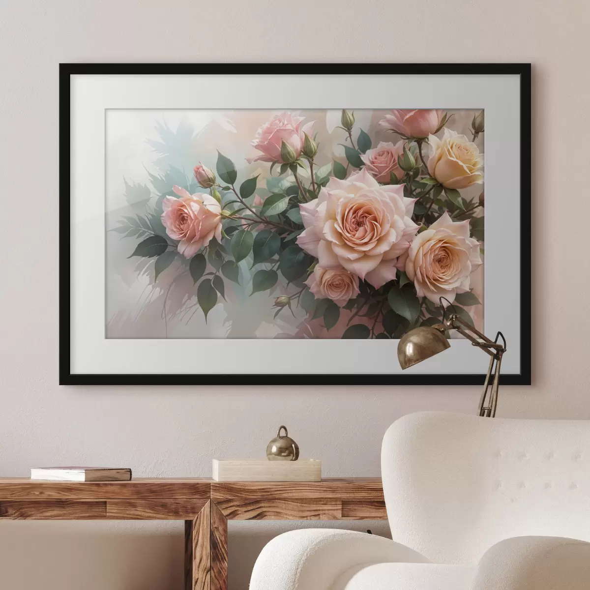Poster Un ramo de hermosas rosas rosadas con hojas verdes sobre un fondo suave y borroso f40168