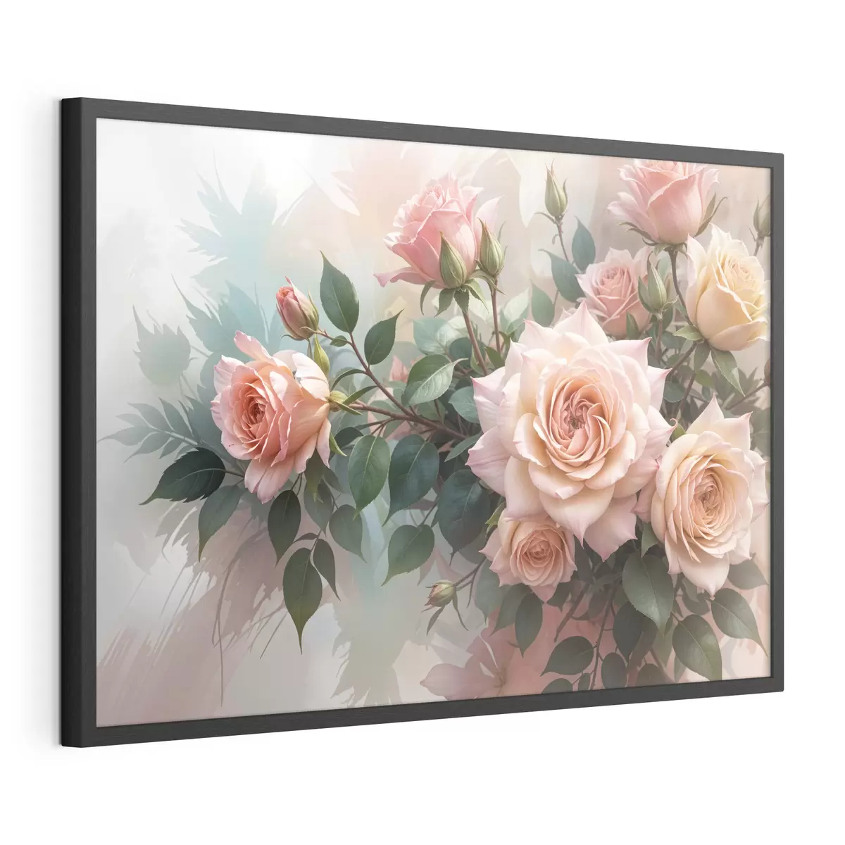 Poster Un ramo de hermosas rosas rosadas con hojas verdes sobre un fondo suave y borroso f40168