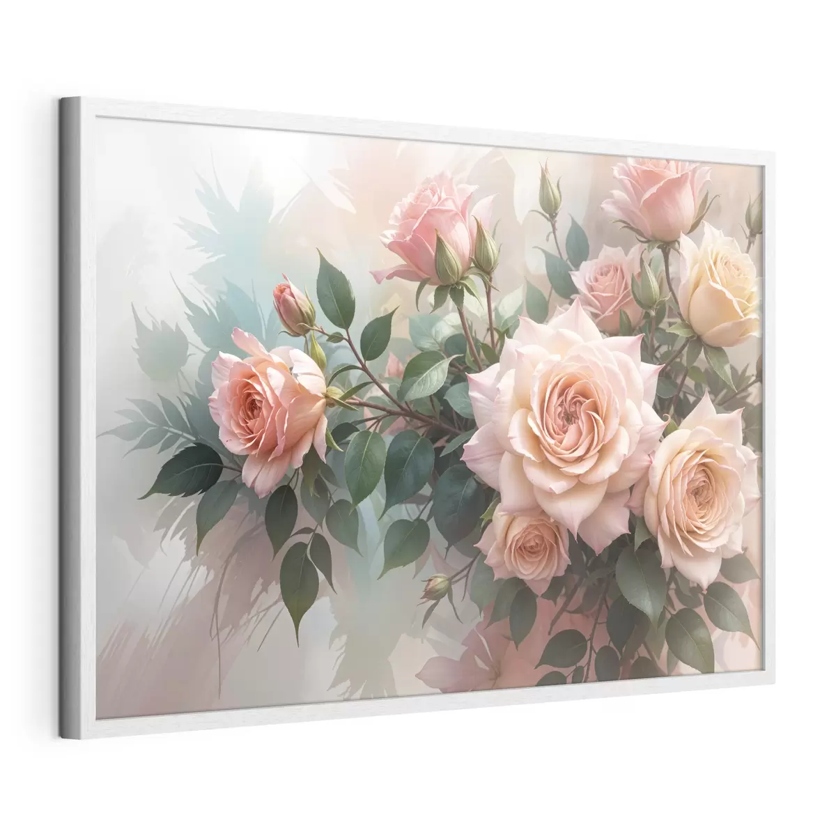 Poster Un ramo de hermosas rosas rosadas con hojas verdes sobre un fondo suave y borroso f40168