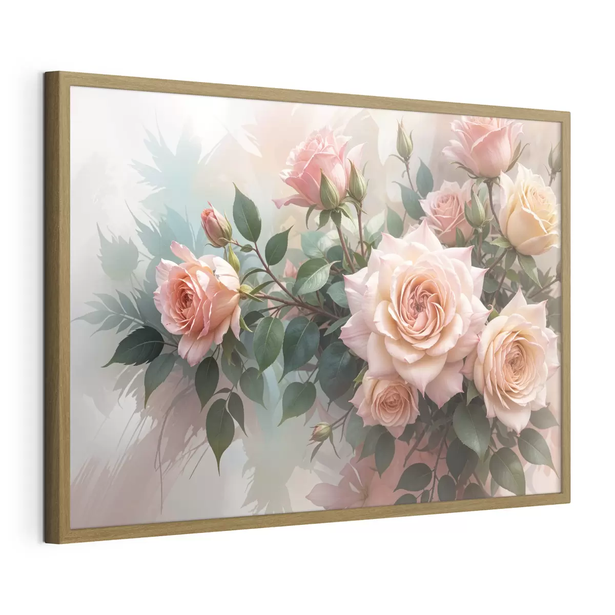 Poster Un ramo de hermosas rosas rosadas con hojas verdes sobre un fondo suave y borroso f40168