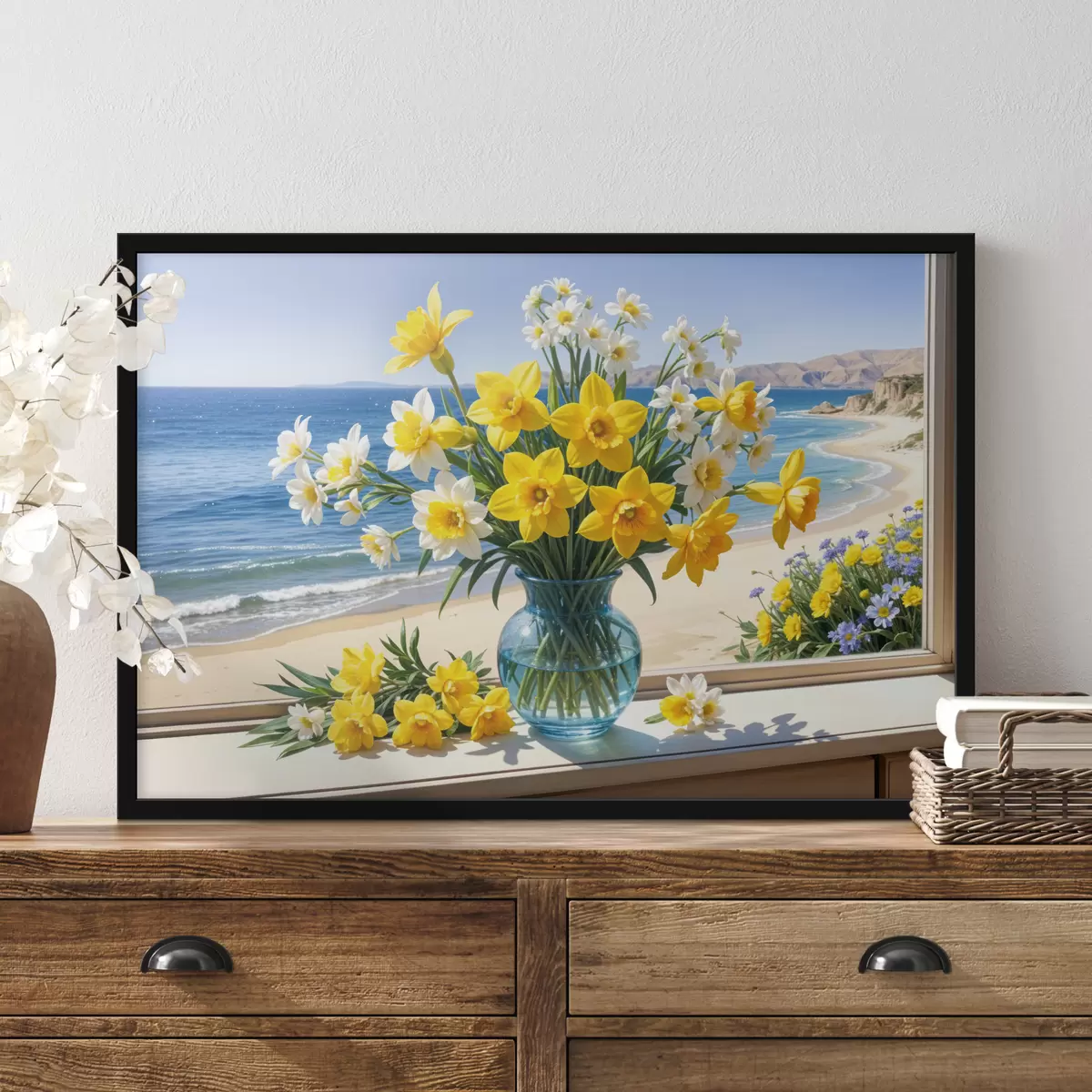 Poster Un ramo de narcisos amarillos y margaritas blancas en un jarrón de vidrio en el alféizar de una ventana con vista a la playa y al océano. f40171